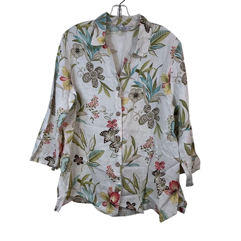 Hot Cotton by Marc Ware 100% Linen Floral Butterfly Button Down Shirt Large USA